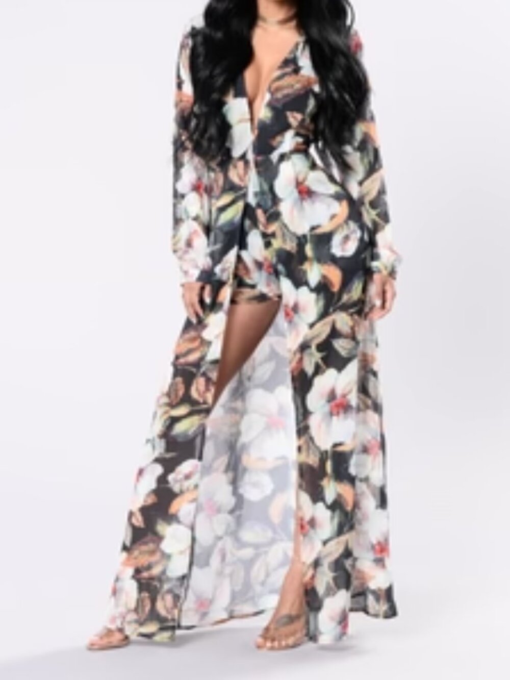 "Katarina" Black Floral Romper Maxi Dress